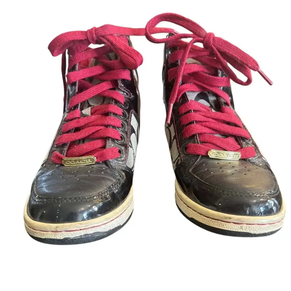 Coach Norra High Top Sneaker Q368 Women's 6 Black Signature Canvas Patent Red